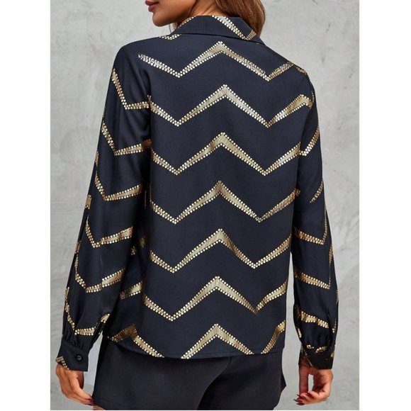 Chevron Print Lantern Sleeve Shirt Black - Picture 4 of 9